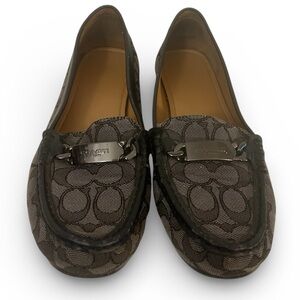 Coach Women's Black and Olive Logo Patterned Loafers Size 10